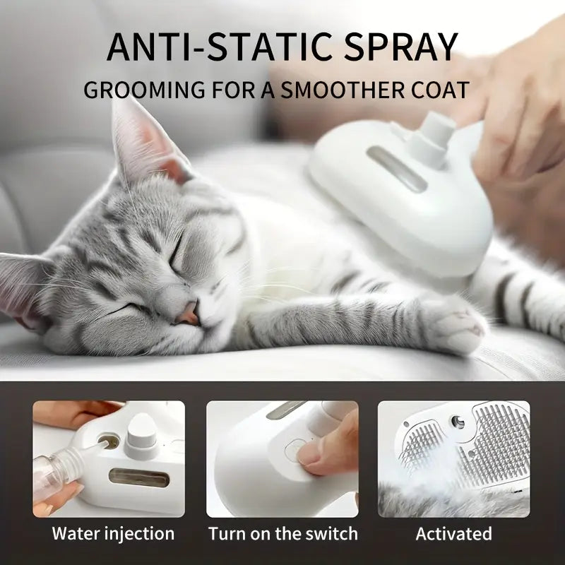 3-in-1 Self-Cleaning Steamy Pet Brush – Anti-Static Grooming Tool for Cats & Dogs